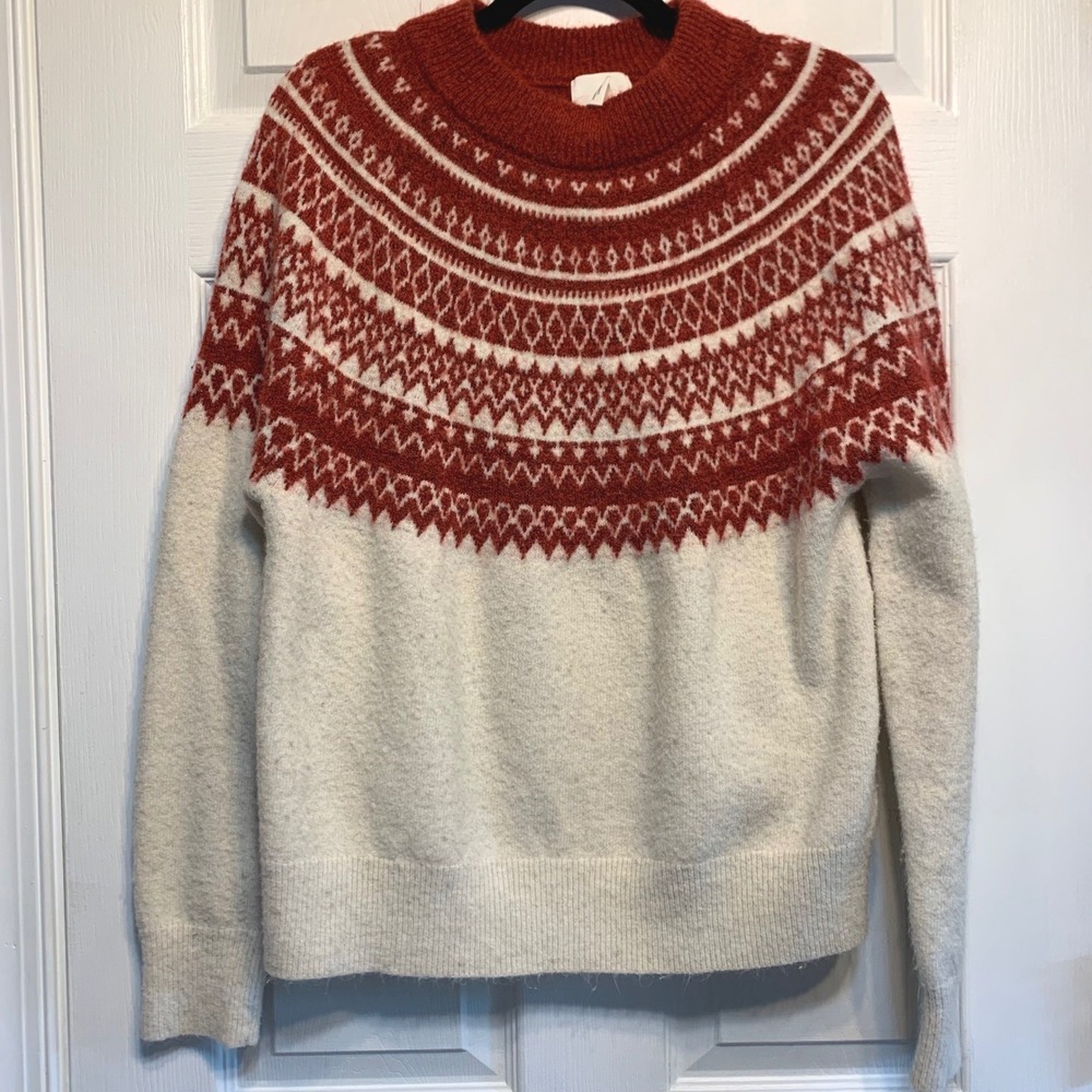 H&M Fair Isle Sweater Size M Cream Rust Orange Nordic Knit Pullover Winter Cozy